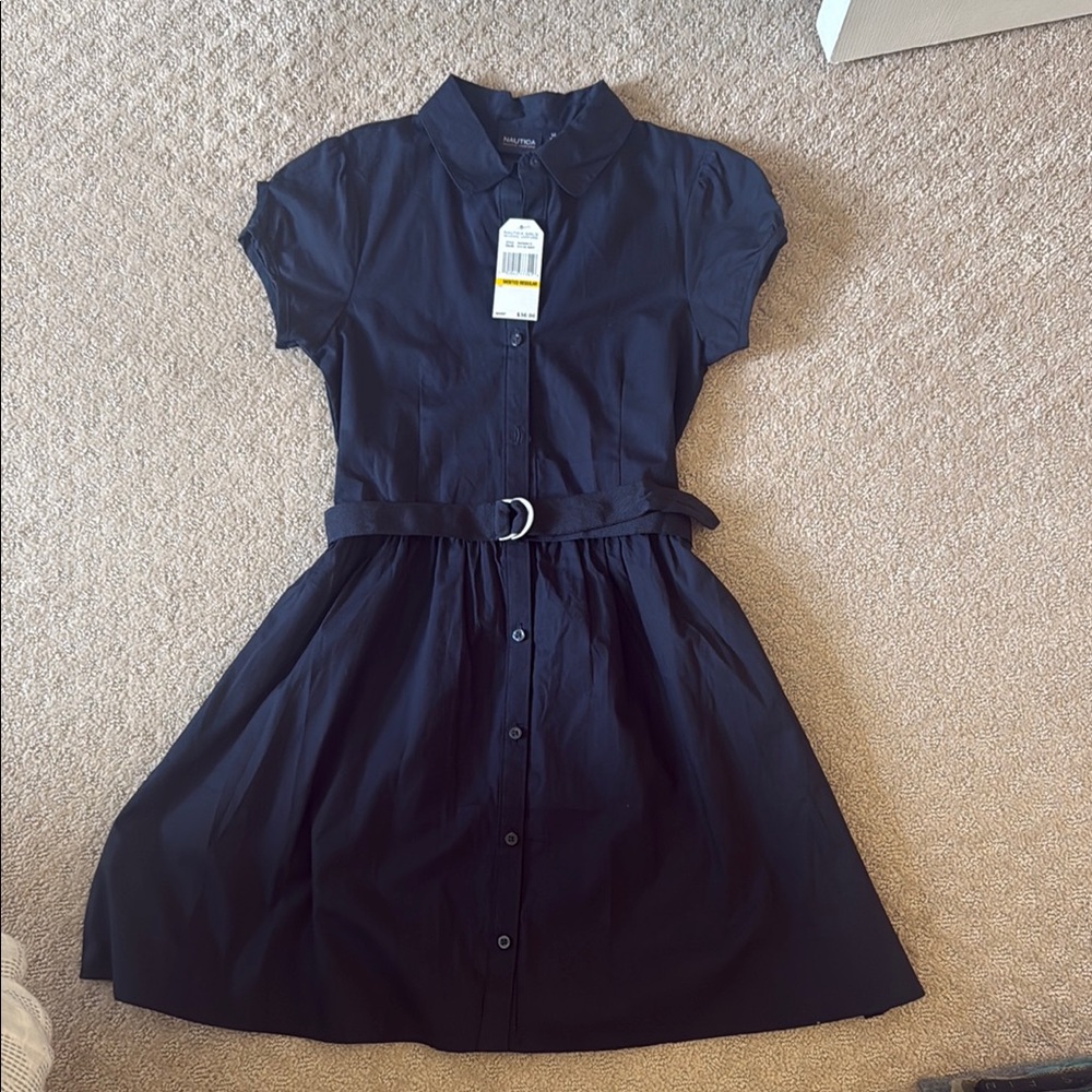 Navy Blue Belted Shirt Dress